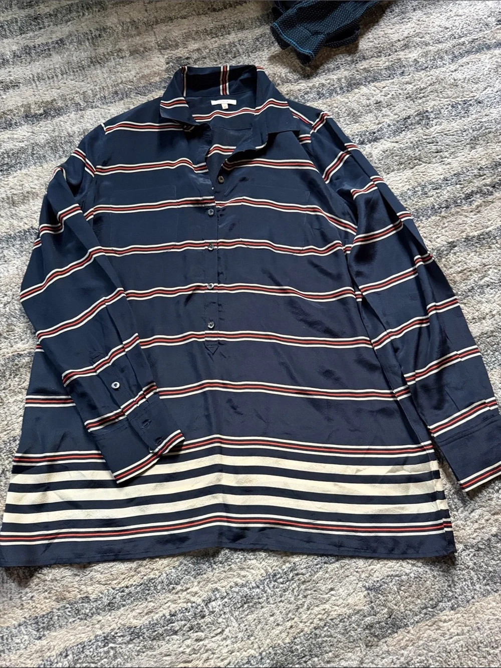 J. Crew Silk Navy Blue Striped Button-Down Shirt